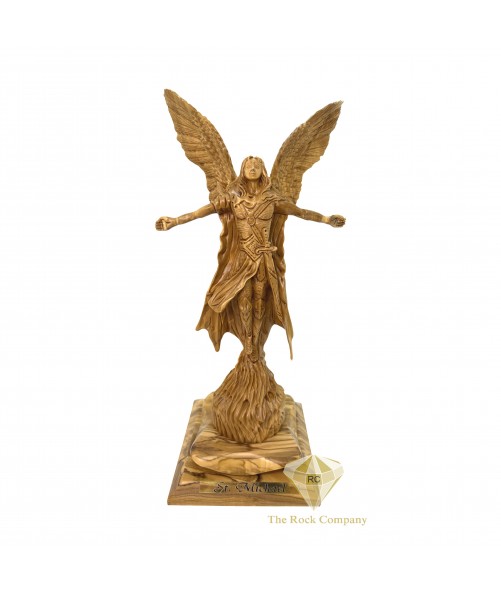 Hand Carved Saint Michael in Olive Wood Artistic Detail