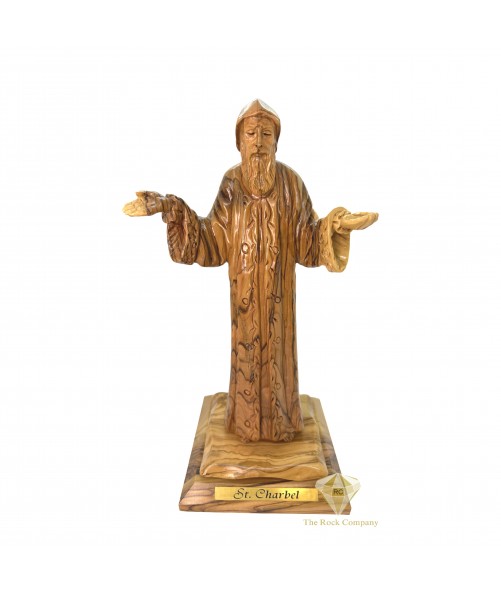 Olive Wood Saint Charbel Statue Hand Carved