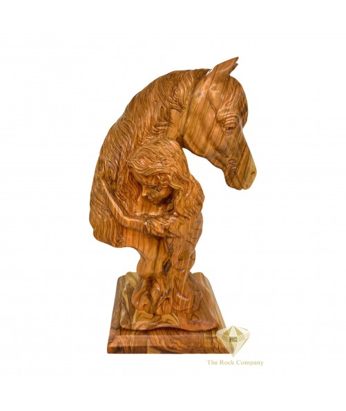 Girl Hugging Horse olive wood statue