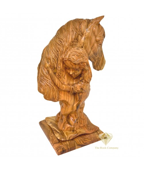 Girl Hugging Horse olive wood statue