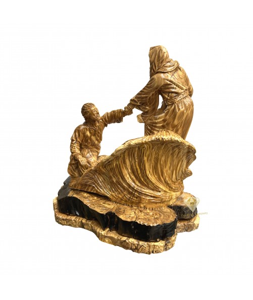 Jesus Walking on Water Olive Wood Hand Carved Statue, Jesus Miracle Sculpture