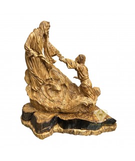 Jesus Walking on Water Olive Wood Hand Carved Statue, Jesus Miracle Sculpture