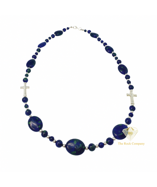 Azurite Oval Beads Necklace, King Solomon Stone Jewelry in Sterling Silver