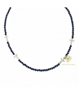 Azurite Bead Necklace with Sterling Silver Crosses, King Solomon Stone Jewelry