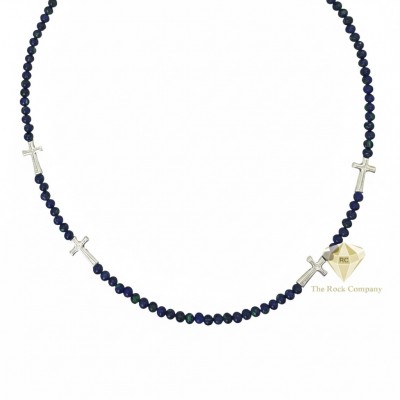 Azurite Bead Necklace with Sterling Silver Crosses, King Solomon Stone Jewelry
