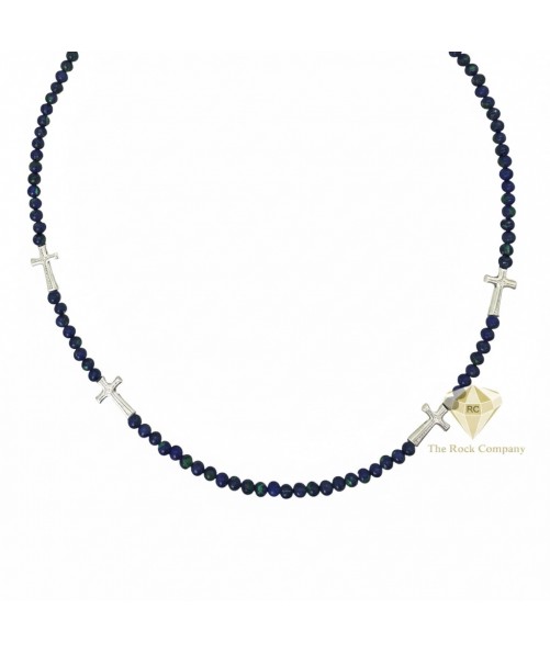 Azurite Bead Necklace with Sterling Silver Crosses, King Solomon Stone Jewelry