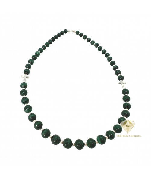 Malachite Round Bead Necklace with Sterling Silver Crosses – Protection & Faith Jewelry