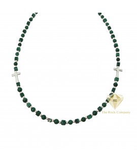 Malachite Necklace with Round & Square Beads and Sterling Silver Crosses