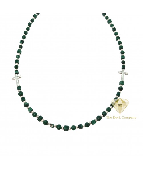 Malachite Necklace with Round & Square Beads and Sterling Silver Crosses