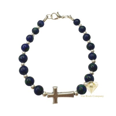 Azurite Bead Bracelet with Sterling Silver Crosses, Round Gemstone Bracelet