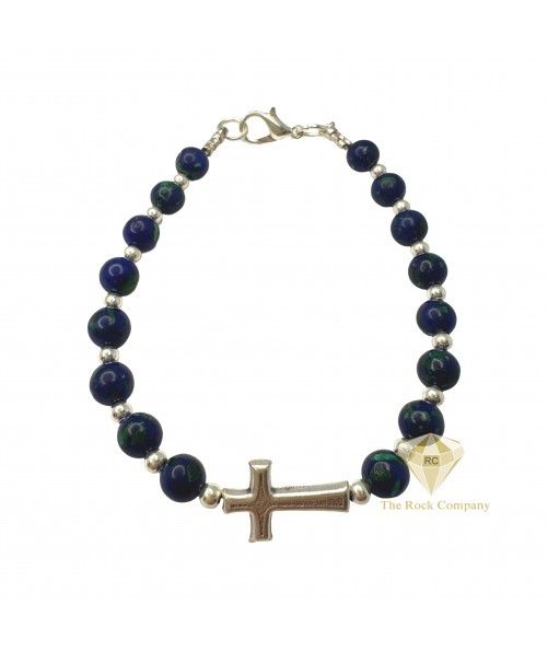 Azurite Bead Bracelet with Sterling Silver Crosses, Round Gemstone Bracelet