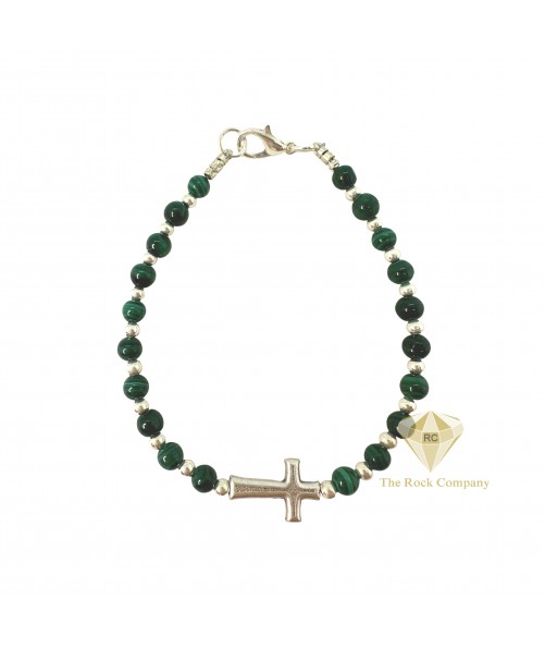 Malachite Round Bead Bracelet with Sterling Silver Crosses – Protection & Healing Stone