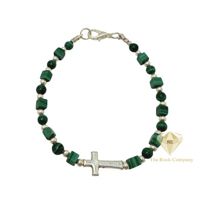 Malachite Bracelet with Round & Square Beads and Sterling Silver Crosses