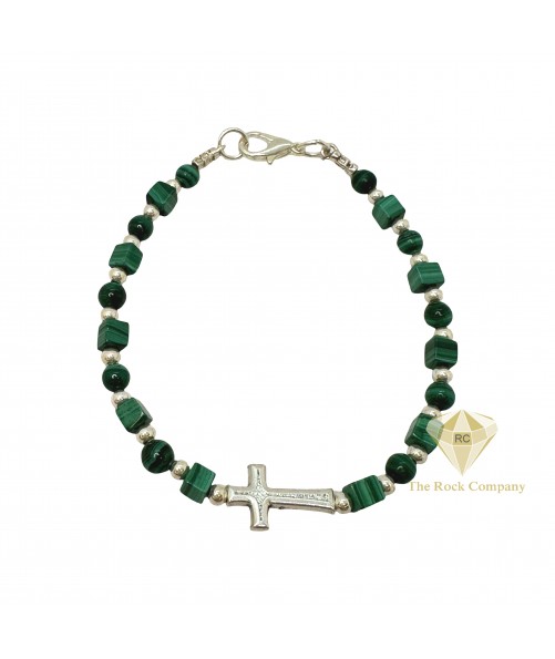 Malachite Bracelet with Round & Square Beads and Sterling Silver Crosses