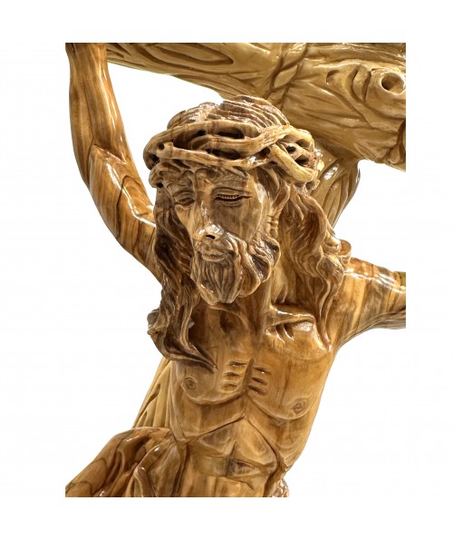 Olive Wood Cross with Jesus Hand Carved in Artistic Detail