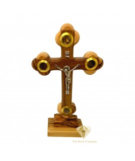 Byzantine Olive Wood Cross On Stand With 4 Holy Items