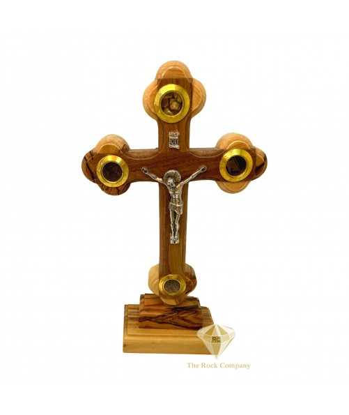 Byzantine Olive Wood Cross On Stand With 4 Holy Items