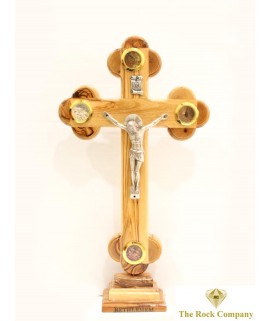 Byzantine Olive Wood Cross On Stand With 4 Holy Items