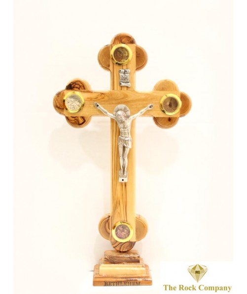 Byzantine Olive Wood Cross On Stand With 4 Holy Items