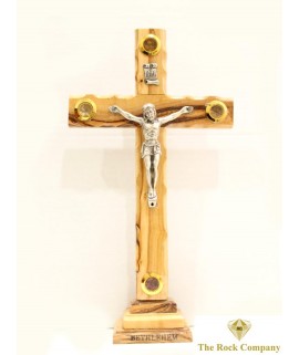 Olive Wood Cross On Stand With Metal Plated Crucifix And 4 Holy Items From The Holy Land