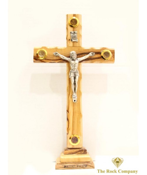 Olive Wood Cross On Stand With Metal Plated Crucifix And 4 Holy Items From The Holy Land