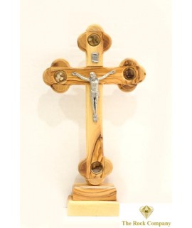 Byzantine Olive Wood Cross On Stand With 4 Holy Items