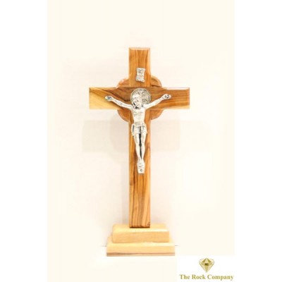 Cross On Stand With Metal Plated Crucifix And Metal Jerusalem Cross