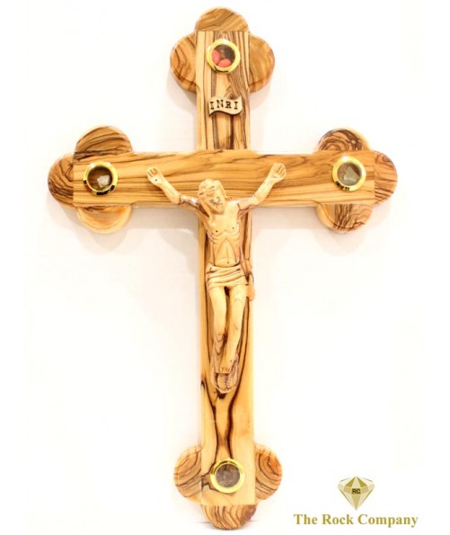Byzantine Olive Wood Cross With 4 Holy Items