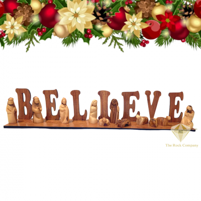 Believe sign Nativity Set olive wood hand carved