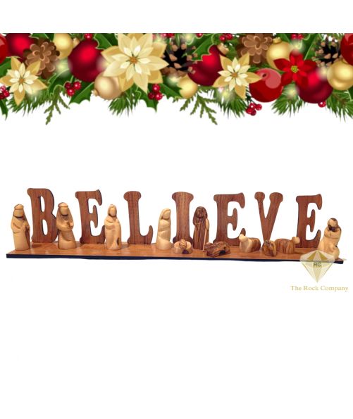 Believe sign Nativity Set olive wood hand carved