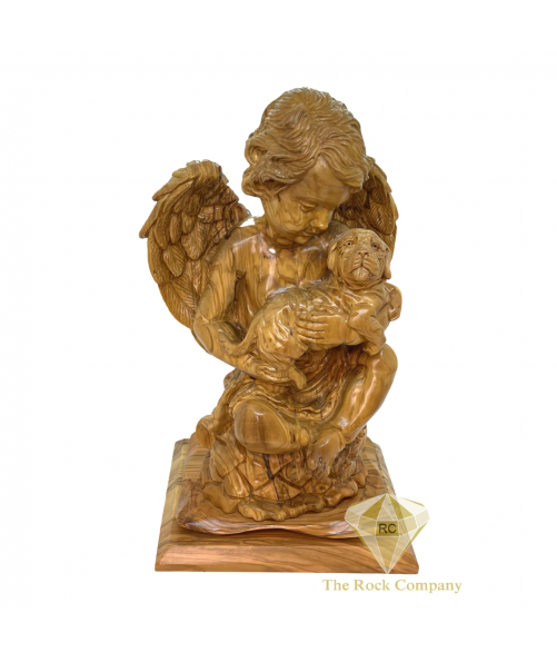 Cherub Angel with Puppy Dog Statue hand carved olive wood