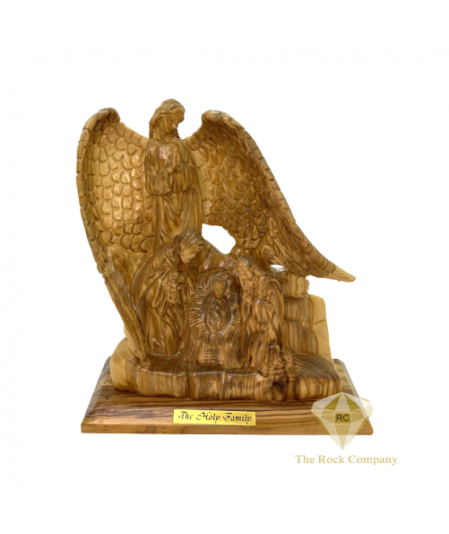 Praying Guardian Angel with Holy Family Nativity Scene Statue Olive Wood Hand Carved