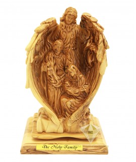 Olive Wood Artistic Guardian Angel With Holy Family 