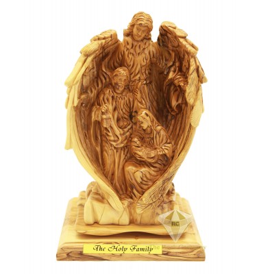 Olive Wood Artistic Guardian Angel With Holy Family 