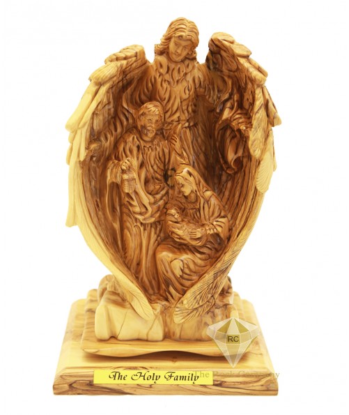 Olive Wood Artistic Guardian Angel With Holy Family 