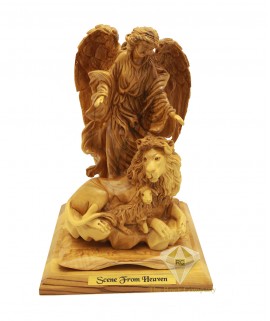 Olive Wood Artistic Guardian Angel With Lion And Lamb Sculpture 