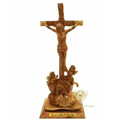 Olive Wood Artistic Jesus Cross With three Cherubs 
