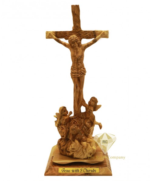 Olive Wood Artistic Jesus Cross With three Cherubs 
