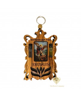 Saint Michael Olive Wood God Bless Our Home, Holy Water, Holy Oil