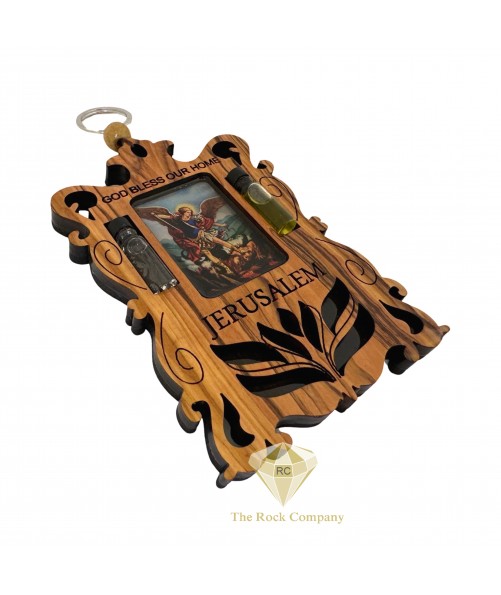 Saint Michael Olive Wood God Bless Our Home, Holy Water, Holy Oil