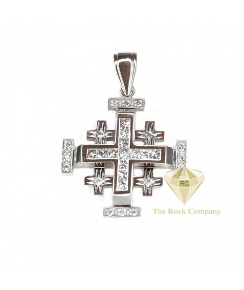 Princess Cut Diamond Jerusalem Cross Pendant 14K White Gold