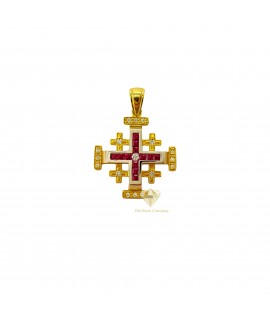 Ruby and Diamond Jerusalem Cross Pendant – 14K Yellow & White Gold