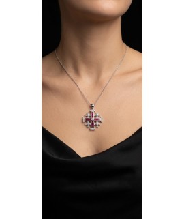 14K White Gold Jerusalem Cross with Diamond and Ruby