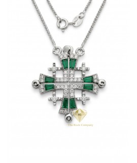 14K White Gold Diamond & Emerald Jerusalem Cross – Convertible Jerusalem Cross Necklace