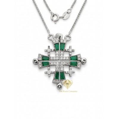 14K White Gold Diamond & Emerald Jerusalem Cross – Convertible Jerusalem Cross Necklace