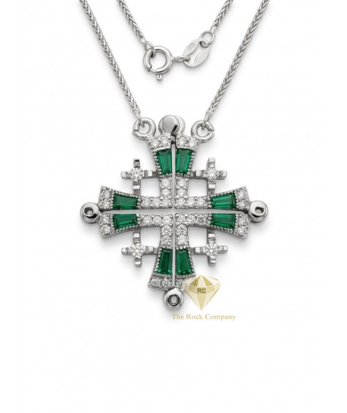 14K White Gold Diamond & Emerald Jerusalem Cross – Convertible Jerusalem Cross Necklace 14K White Gold Diamond & Emerald Jerusalem Cross – Convertible Jerusalem Cross Necklace