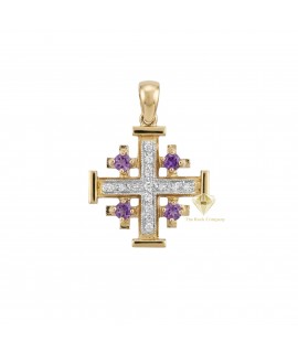 14K Gold Jerusalem Cross Pendant with Amethyst & Diamonds