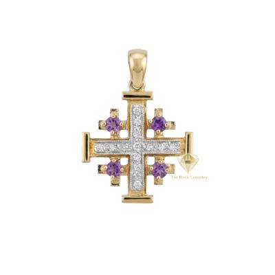 14K Gold Jerusalem Cross Pendant with Amethyst & Diamonds
