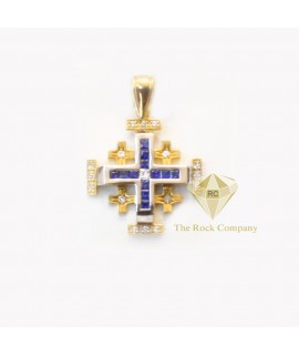 Princess Cut Blue Sapphire Jerusalem Cross 14K Gold Pendant