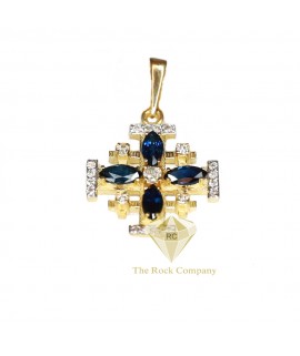 Diamond Sapphire Jerusalem Cross 14K Gold Pendant